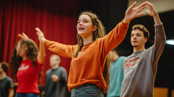 group young people practice acting theater xs